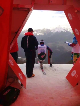 Mick Brennan and Mark Scorgie at the start gate for the Paralympic Super G